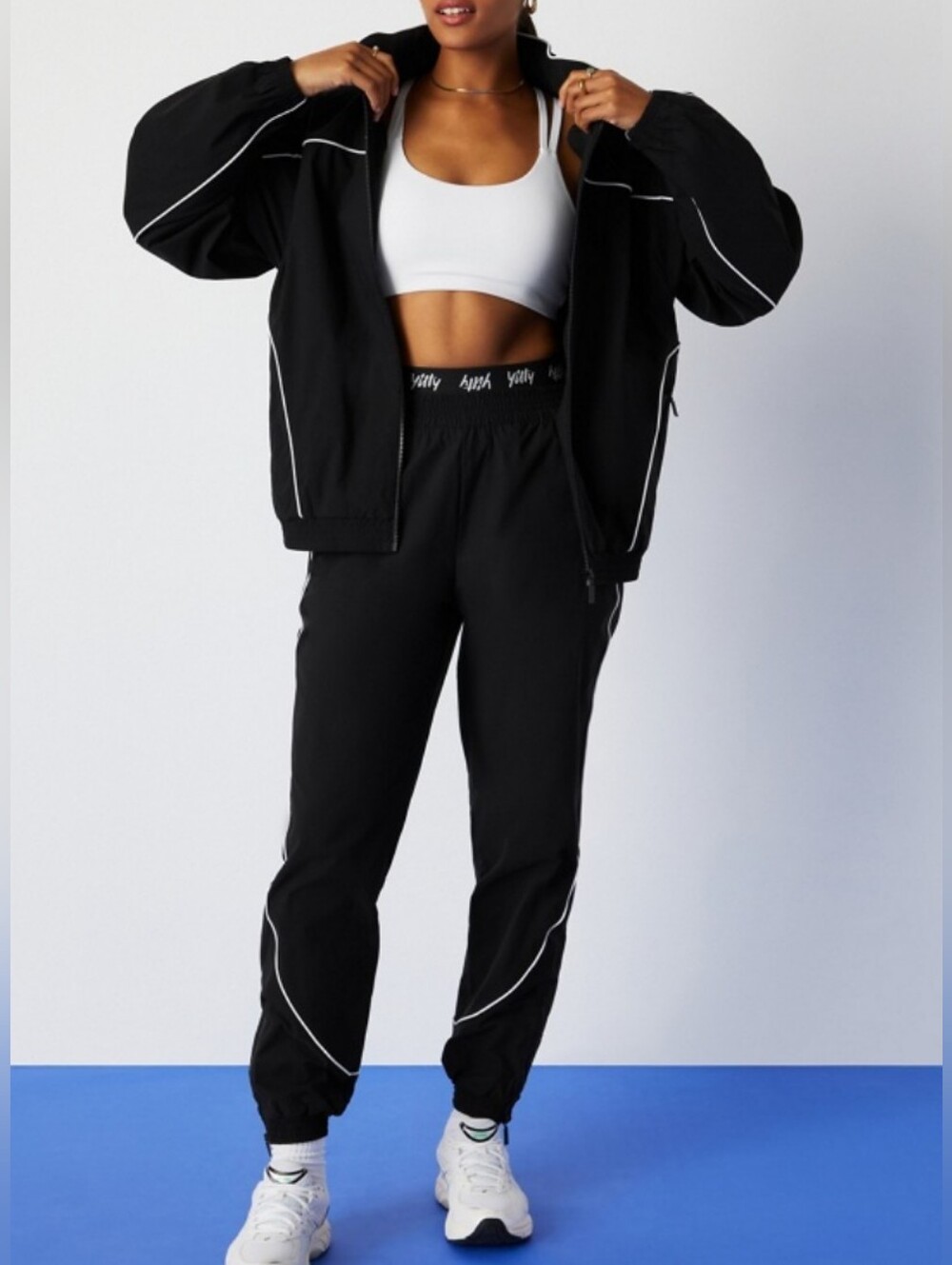 2pc Fabletics Black Track Jacket + Joggers Set, Black/White Size S